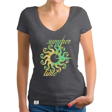 Damen T-Shirt V-Ausschnitt - Summer Time dunkelgrau-gelb XS