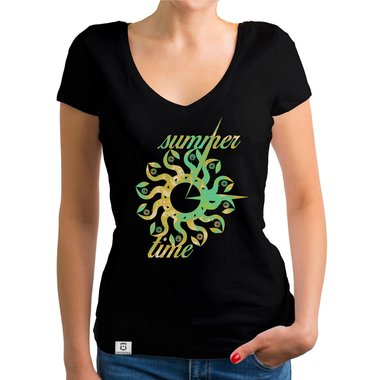 Damen T-Shirt V-Ausschnitt - Summer Time dunkelgrau-gelb XS