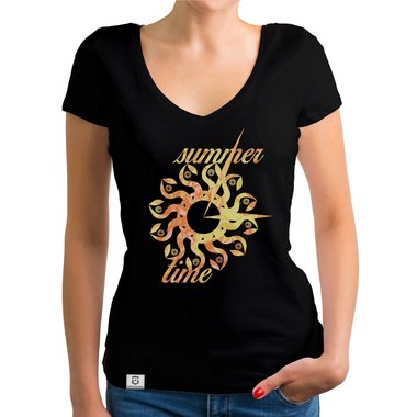 Damen T-Shirt V-Ausschnitt - Summer Time dunkelgrau-gelb XS