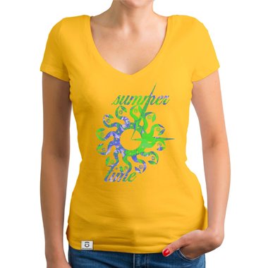 Damen T-Shirt V-Ausschnitt - Summer Time dunkelgrau-gelb XS