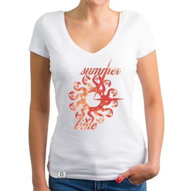 Damen T-Shirt V-Ausschnitt - Summer Time weiss-rot XXL