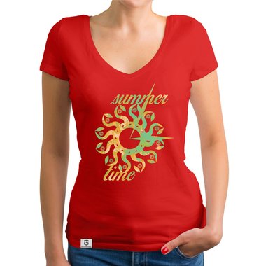 Damen T-Shirt V-Ausschnitt - Summer Time weiss-rot XXL