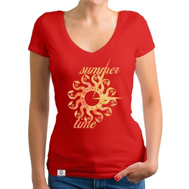 Damen T-Shirt V-Ausschnitt - Summer Time weiss-rot XXL
