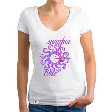 Damen T-Shirt V-Ausschnitt - Summer Time weiss-rot XXL