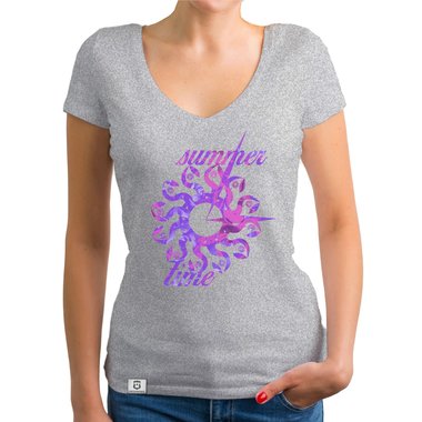 Damen T-Shirt V-Ausschnitt - Summer Time weiss-rot XXL