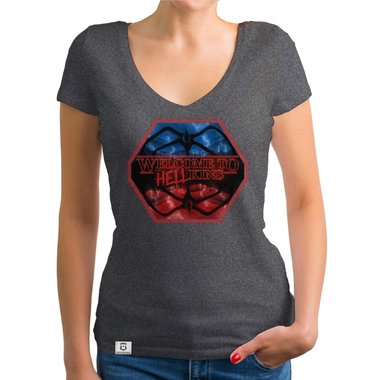 Damen T-Shirt V-Ausschnitt - Hellkins Wappen dunkelgrau-rot XS
