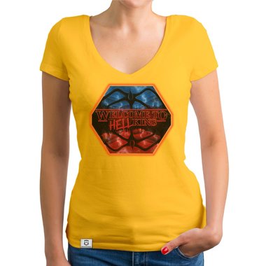 Damen T-Shirt V-Ausschnitt - Hellkins Wappen dunkelgrau-rot XS