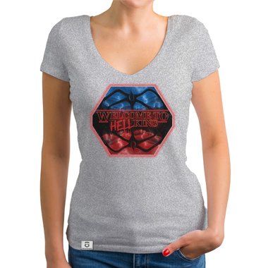 Damen T-Shirt V-Ausschnitt - Hellkins Wappen dunkelgrau-rot XS