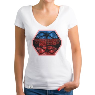 Damen T-Shirt V-Ausschnitt - Hellkins Wappen dunkelgrau-rot XS