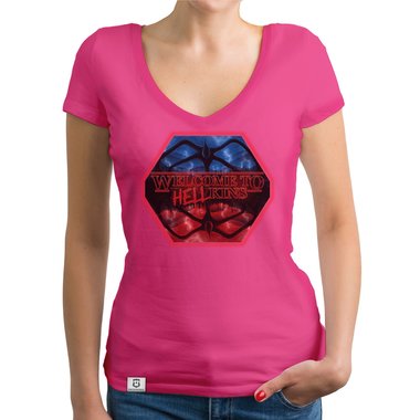 Damen T-Shirt V-Ausschnitt - Hellkins Wappen weiss-rot XXL