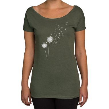 Damen T-Shirt U-Boot-Ausschnitt - Pusteblume oliv-weiss XS