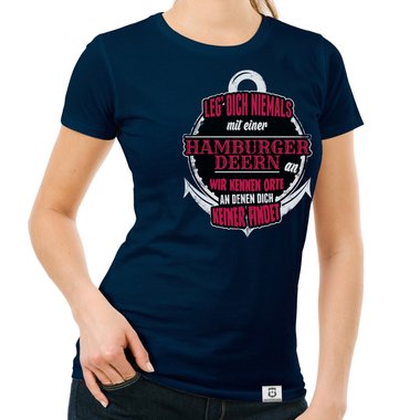 Damen T-Shirt - Leg dich niemals mit Hamburger Deerns an! dunkelblau-weiss S
