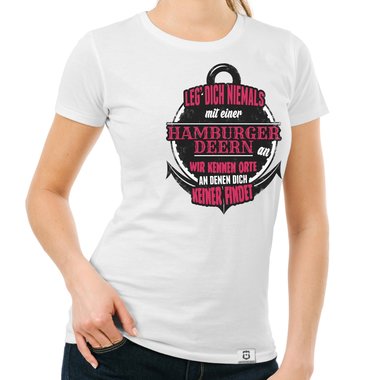 Damen T-Shirt - Leg dich niemals mit Hamburger Deerns an! dunkelblau-weiss S