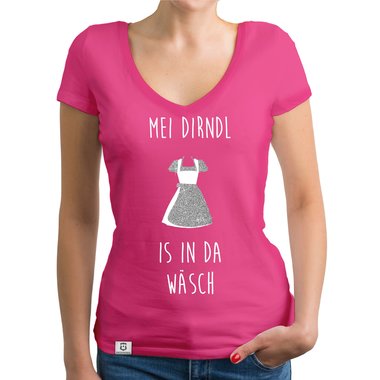 Damen Oktoberfest Shirts - Rundhals und V-Neck - Mei Dirndl is in da Wsch - Glitzer