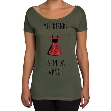 Oktoberfest Damen Shirts - U-Boot Ausschnitt und Tank Top - Mei Dirndl is in da Wsch - Glitzer U-Boot oliv-goldglitzer XS