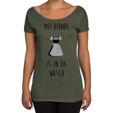 Oktoberfest Damen Shirts - U-Boot Ausschnitt und Tank Top - Mei Dirndl is in da Wsch - Glitzer U-Boot oliv-goldglitzer XS