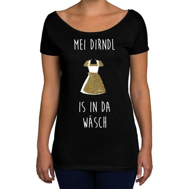 Oktoberfest Damen Shirts - U-Boot Ausschnitt und Tank Top - Mei Dirndl is in da Wsch - Glitzer U-Boot oliv-goldglitzer XS
