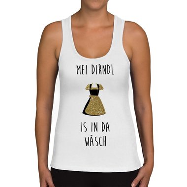 Oktoberfest Damen Shirts - U-Boot Ausschnitt und Tank Top - Mei Dirndl is in da W�sch - Glitzer Tank Top weiss-silberglitzer XXL