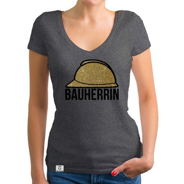 Damen Bauherrin Helm Shirts - Rundhals und V-Neck - Glitzer Rundhals dunkelblau-goldglitzer S