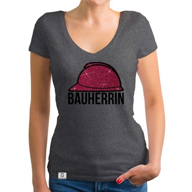 Damen Bauherrin Helm Shirts - Rundhals und V-Neck - Glitzer Rundhals dunkelblau-goldglitzer S