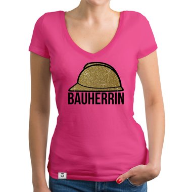 Damen Bauherrin Helm Shirts - Rundhals und V-Neck - Glitzer Rundhals dunkelblau-goldglitzer S