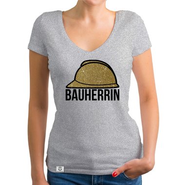 Damen Bauherrin Helm Shirts - Rundhals und V-Neck - Glitzer Rundhals dunkelblau-goldglitzer S