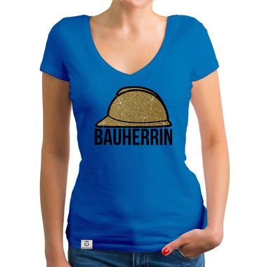 Damen Bauherrin Helm Shirts - Rundhals und V-Neck - Glitzer Rundhals dunkelblau-goldglitzer S