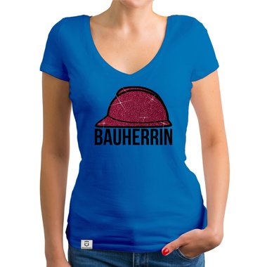 Damen Bauherrin Helm Shirts - Rundhals und V-Neck - Glitzer Rundhals dunkelblau-goldglitzer S