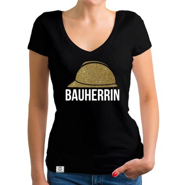 Damen Bauherrin Helm Shirts - Rundhals und V-Neck - Glitzer Rundhals dunkelblau-goldglitzer S