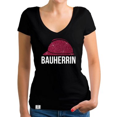 Damen Bauherrin Helm Shirts - Rundhals und V-Neck - Glitzer Rundhals dunkelblau-goldglitzer S