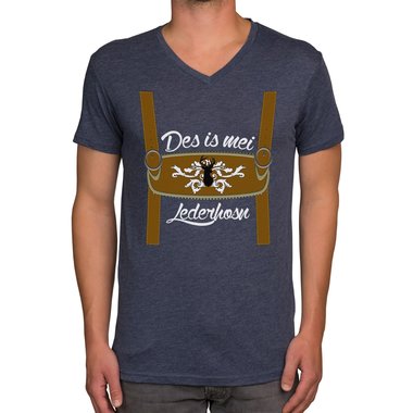 Herren Oktoberfest T-Shirts - Des is mei Lederhosn! - Mnner Shirt mit Rundhals- und V-Ausschnitt V-Neck dunkelblau-weiss XXXL