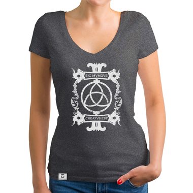 Damen T-Shirts mit Rund- oder V-Ausschnitt - Sic mundus creatus est Rundhals dunkelblau-weiss S