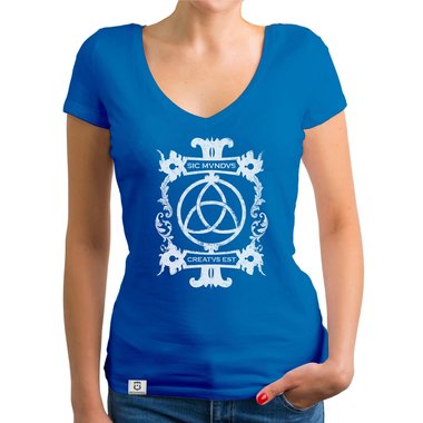 Damen T-Shirts mit Rund- oder V-Ausschnitt - Sic mundus creatus est Rundhals dunkelblau-weiss S