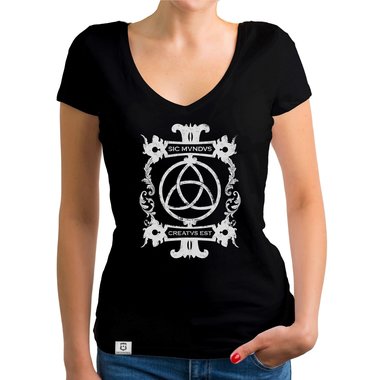 Damen T-Shirts mit Rund- oder V-Ausschnitt - Sic mundus creatus est Rundhals dunkelblau-weiss S