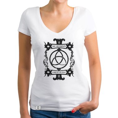 Damen T-Shirts mit Rund- oder V-Ausschnitt - Sic mundus creatus est Rundhals dunkelblau-weiss S