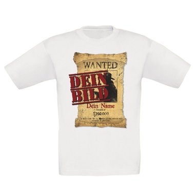 T-Shirts selbst gestalten - Mit deinem Foto und Text/Namen in tollen Rahmen - Herren, Damen und Kinder Kinder-Wanted-weiss 152-164