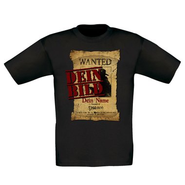 T-Shirts selbst gestalten - Mit deinem Foto und Text/Namen in tollen Rahmen - Herren, Damen und Kinder Kinder-Wanted-weiss 152-164