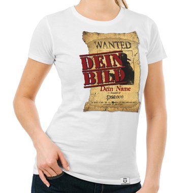 T-Shirts selbst gestalten - Mit deinem Foto und Text/Namen in tollen Rahmen - Herren, Damen und Kinder Kinder-Wanted-weiss 152-164