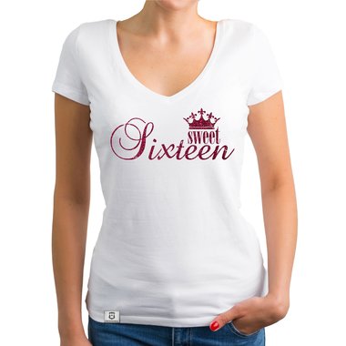 Damen T-Shirts - V-Ausschnitt & Rundhals - Sweet Sixteen - Glitzer Rund-dunkelblau-goldglitzer S