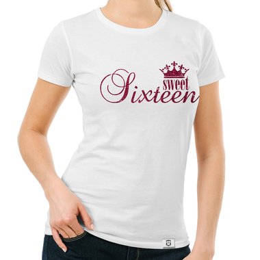 Damen T-Shirts - V-Ausschnitt & Rundhals - Sweet Sixteen - Glitzer Rund-dunkelblau-goldglitzer S