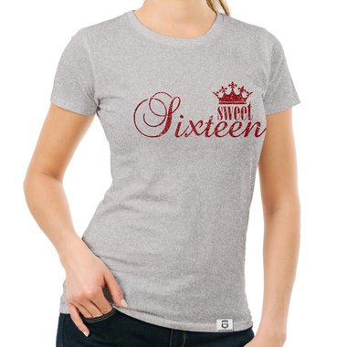 Damen T-Shirts - V-Ausschnitt & Rundhals - Sweet Sixteen - Glitzer Rund-dunkelblau-goldglitzer S