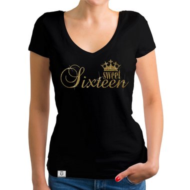 Damen T-Shirts - V-Ausschnitt & Rundhals - Sweet Sixteen - Glitzer Rund-dunkelblau-goldglitzer S