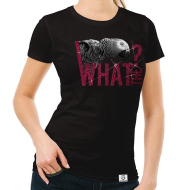 Damen T-Shirt - What the...? - Fun/Statement Motiv mit Glitzeraufdruck weiss-schwarzglitzer XXL
