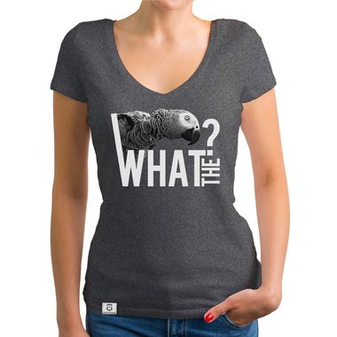 Damen T-Shirt V-Ausschnitt - What the? - Glitzer Statement T-Shirt dunkelgrau-weiss XS