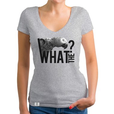 Damen T-Shirt V-Ausschnitt - What the? - Glitzer Statement T-Shirt dunkelgrau-weiss XS