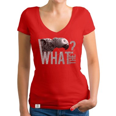 Damen T-Shirt V-Ausschnitt - What the? - Glitzer Statement T-Shirt dunkelgrau-weiss XS