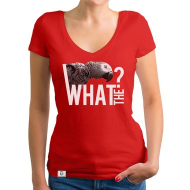 Damen T-Shirt V-Ausschnitt - What the? - Glitzer Statement T-Shirt dunkelgrau-weiss XS