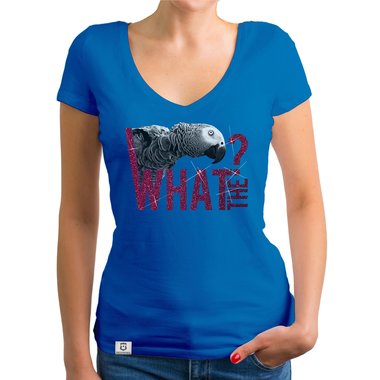 Damen T-Shirt V-Ausschnitt - What the? - Glitzer Statement T-Shirt dunkelgrau-weiss XS