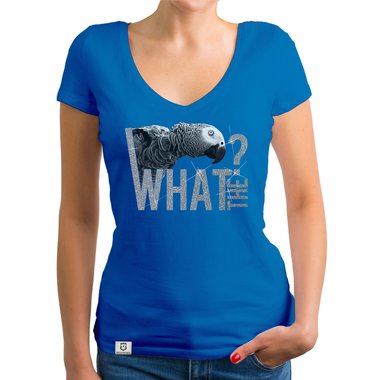 Damen T-Shirt V-Ausschnitt - What the? - Glitzer Statement T-Shirt dunkelgrau-weiss XS