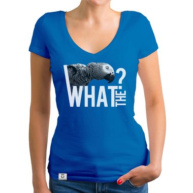 Damen T-Shirt V-Ausschnitt - What the? - Glitzer Statement T-Shirt dunkelgrau-weiss XS